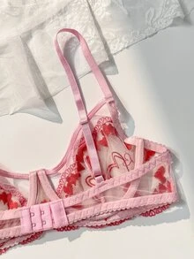 PetitDoll Sweet & Spicy Girl Pink Embroidered Heart Bra, Sheer Mesh See-Through Sexy Lingerie Set 2pcs - Multicolor - View 5