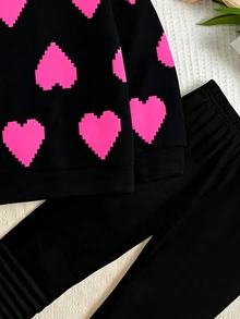 女童休閒圓領長袖運動衫與內搭褲2件套，適合秋冬，經典像素風可愛卡通愛心印花 - 彩色 - 查看 6