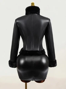 Mistrie 女款黑色毛領雙排扣金屬鈕扣復古時尚高端辣妹夾克 - 黑色 - 查看 3