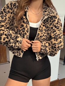 SHEIN EZwear Autumn/Winter Fashion Retro Leopard Print Plush Loose Jacket - Khaki - View 6