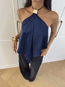 Aloruh 女款素色休閒百搭日常穿搭掛脖上衣 - 藏蓝色 - 查看 4