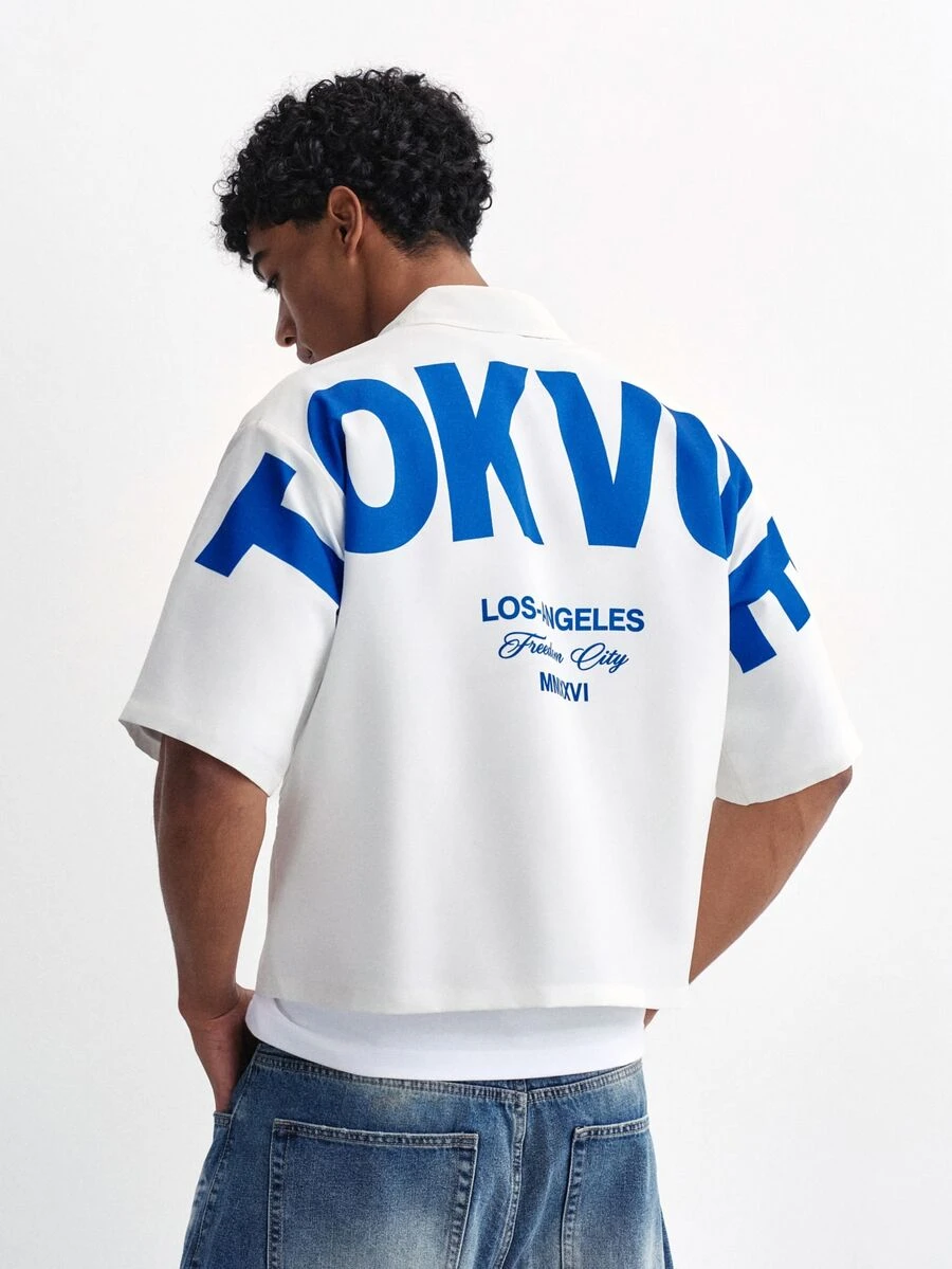 TOKVUE Men's White Cropped Short Sleeve Shirt, Front & Back Blue Letter Print Loose Streetwear Top - White - View 1