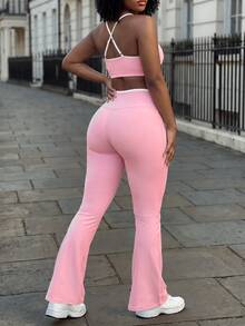 Rovax Women's Cropped Camisole Tank Top And Flare Leggings Sports Set - Baby Pink - View 2