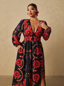 Travachic Plus Size Women's Black & Red Floral Print Long Dress, Long Sleeve V-Neck Front Slit Romantic Dress - Black - View 4