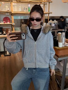 DAZY Women's Korean Style Hooded Sweatshirt With Large Fur Collar, Long Sleeve Fall - Grey - View 3