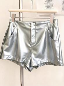Franclia Plus Size Women's Silver Pocket Casual Shorts - Silver - View 4