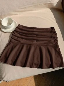 Comfortcana 休閒棕色極簡風百褶裙 - 棕色 - 查看 2