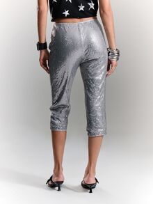 BAD SUNDAY Women's Sequin Slim Fit Capri Pants, Y2K Sexy Millennium Hot Girl Versatile All Season Style, Summer/ Ibiza Clubbing Party Silver - Silver - View 2