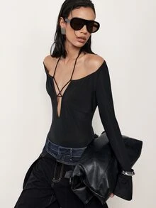 MERLEAU Women's Modern Front Hollow Long Sleeve Bodysuit - Black - View 4
