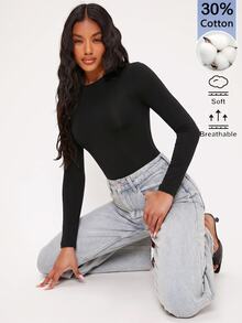 SHEIN BASICS Bodysuit Lengan Panjang Wanita Warna Polos, Pas Badan, Serbaguna, Warna Hitam, Cocok untuk Sehari-hari, Musim Gugur, Minimalis, Sederhana dan Serbaguna - Hitam - View 3