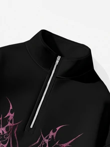 Attitoon 女款小碎花黑色寬鬆半拉鍊高領薄款運動衫套頭衫，加厚材質，適合秋冬加厚運動衫 - 黑色 - 查看 5