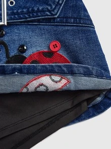 ROMWE Y2K Women's Sexy Embroidered Button Metal Buckle Denim Mini Skirt - Medium Wash - View 5