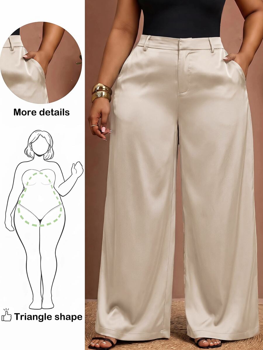 Enliva 大尺碼女款抗皺緞面直筒寬鬆長褲,適合梨形身材,棕色緞面褲,情人節穿搭,夏季風格 - 杏色 - 查看 1