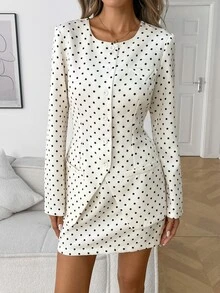Elyressa Women's Woven Dotted Pattern Elegant Autumn Two Pieces Set - Apricot - View 3