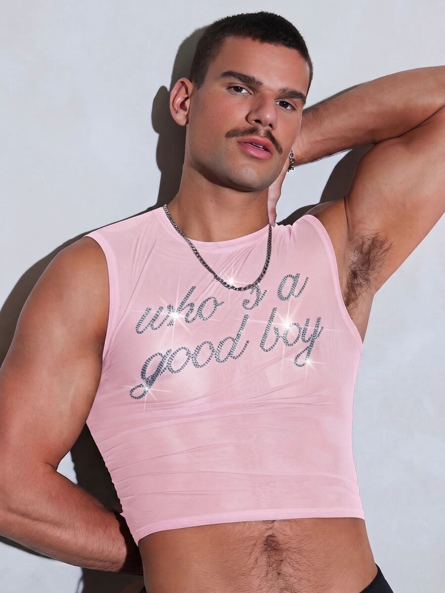 FeverCity Men's Fashion Sexy Rhinestone Decorated Mesh Cropped Tank Top - Pink - View 1
