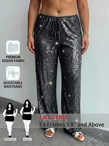 SHEIN Tall CURVE Plus Size Women Solid Color Waist Tie Sequin Wide Leg Long Pants - Black - View 3