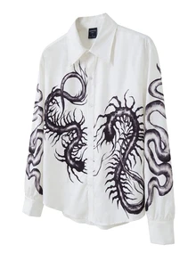 ROMWE MEN Street Life Men's Fashion Gothic Print Long Sleeve Shirt - White - View 7