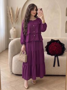 Modelyn Plus Size 2 Pieces Set Ice Silk Crinkled Fabric Elegant Casual Style, Suitable For Spring And Autumn Daily Wear And Dating Occasions - Red Violet - View 5