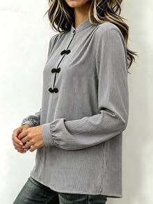 Linhara CURVE Elegant Fashion Stand Collar Striped Vintage Frog Button Shirt Fall - Dark Grey - View 3