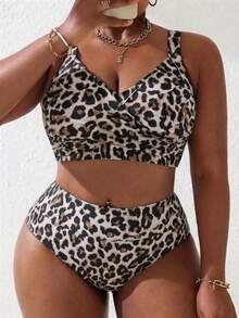Slaydiva 2026 New Plus Size Women 2-Piece Leopard Print Patchwork Ruched Spaghetti Strap Separated Swimwear Set, Summer Beach Vacation - Multicolor - View 1