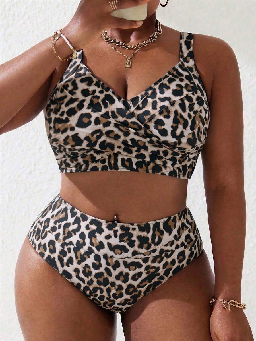 Slaydiva 2026 New Plus Size Women 2-Piece Leopard Print Patchwork Ruched Spaghetti Strap Separated Swimwear Set, Summer Beach Vacation - Multicolor - View 1