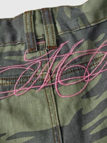 ROMWE Street Life 夏季街頭龐克迷彩拼色口號刺繡迷你牛仔短褲 - 軍綠色 - 查看 4