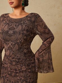 Travachic Plus Size Elegant All-Over Print Flare Sleeve Dress - Brown - View 5