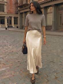 Firerie Elegant Commute Solid Color Satin Long Skirt - Apricot - View 7