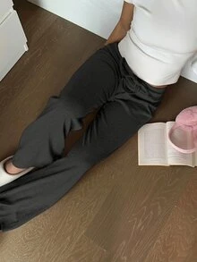 SHEIN EZwear 女款保暖內裡粉色舒適長褲，適合秋冬穿著 - 深灰色 - 查看 5