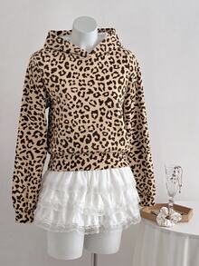 SHEIN EZwear 女款豹紋休閒百搭日常穿著連帽衛衣 - 彩色 - 查看 6