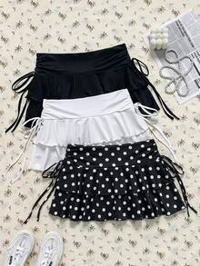 SHEIN EZwear 3件組女款復古圓點休閒極簡收腰A字裙，演唱會穿搭，郵輪俱樂部穿搭 - 彩色 - 查看 1