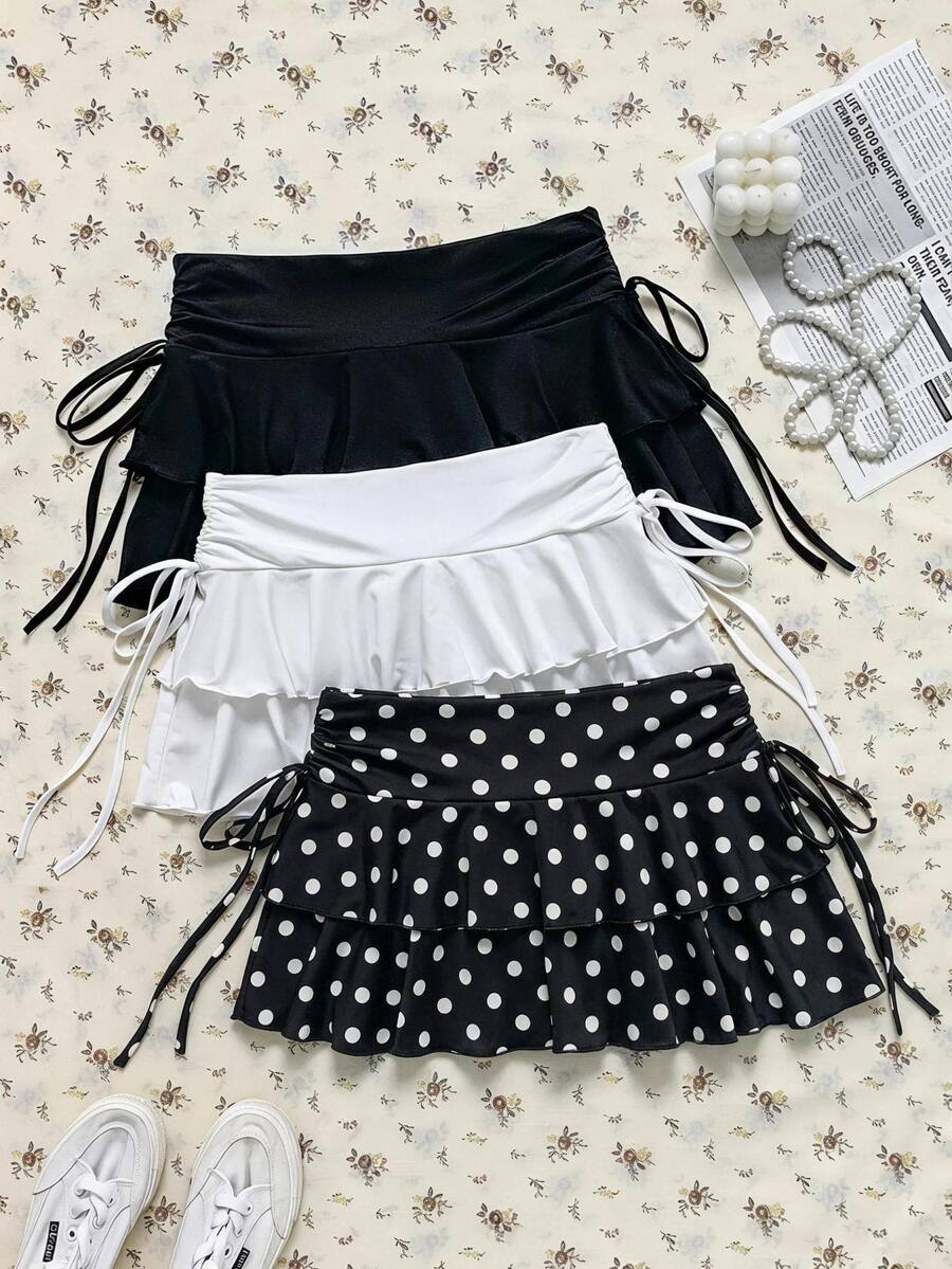 SHEIN EZwear 3件組女款復古圓點休閒極簡收腰A字裙,演唱會穿搭,郵輪俱樂部穿搭 - 彩色 - 查看 1