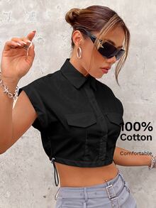 SHEIN ICON Flap Detail Drawstring Side Crop White Shirt - Black - View 5