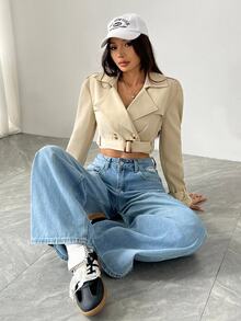 SHEIN EZwear 女款缺口領鈕扣前襟長袖短款風衣，適合秋冬日常休閒穿著 - 杏色 - 查看 6