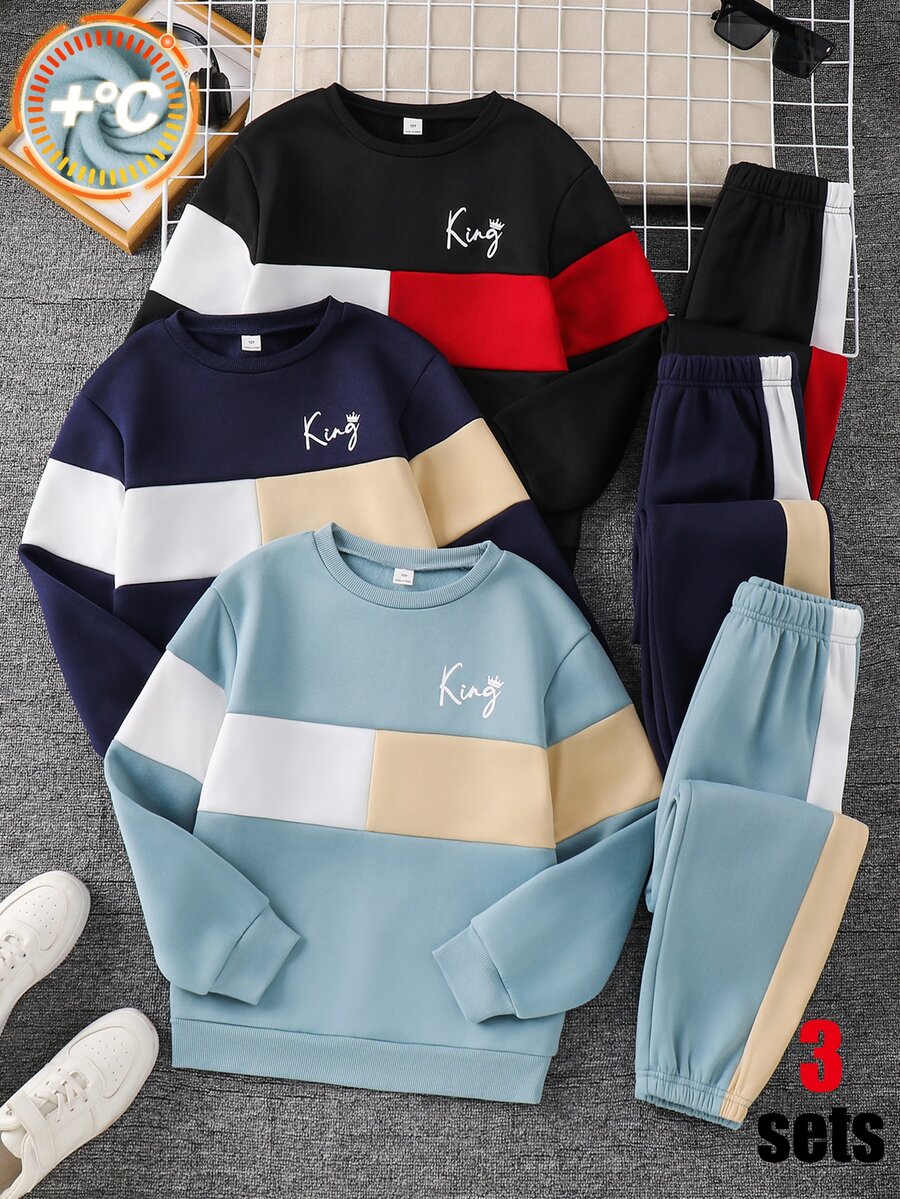 SHEIN 3套買2送1兒童青少年男孩休閒運動保暖內裡加厚灰色運動衫與運動長褲套裝,適合秋冬、學校、家庭聚會、度假,秋季穿搭、冬季穿搭,男孩兒童套裝 - 彩色 - 查看 1