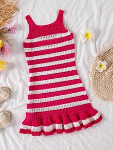 Girls' Perforated Beach Dress, Spaghetti Strap, Yellow And White Striped Color Block, Pleated Ruffle Hem, Cute Casual Versatile Summer Beach Vacation Dress - Hot Pink - View 1