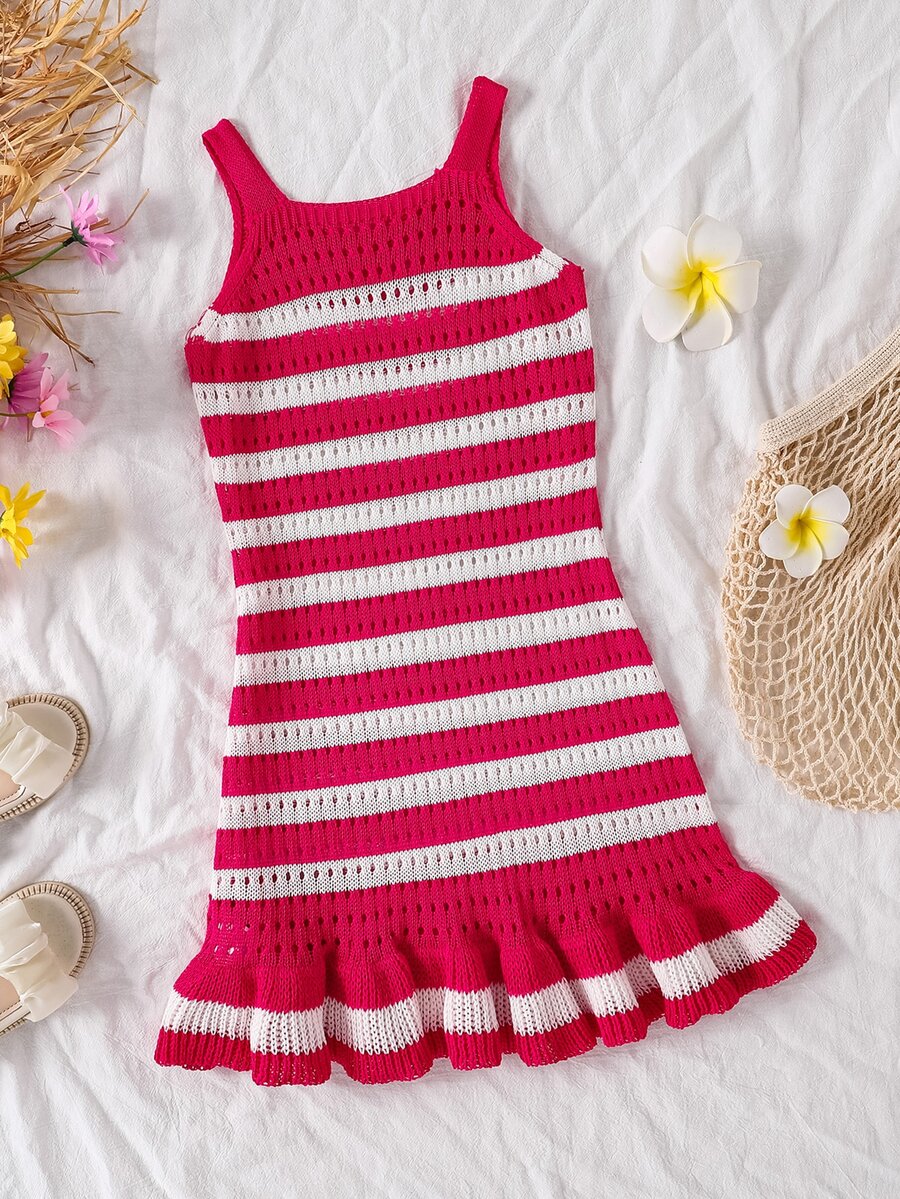 Girls' Perforated Beach Dress, Spaghetti Strap, Yellow And White Striped Color Block, Pleated Ruffle Hem, Cute Casual Versatile Summer Beach Vacation Dress - Hot Pink - View 1