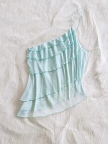 Soleia Plus Size Women's Solid Color Multi-Layer Ruffle Fashion Top - Baby Blue - View 6