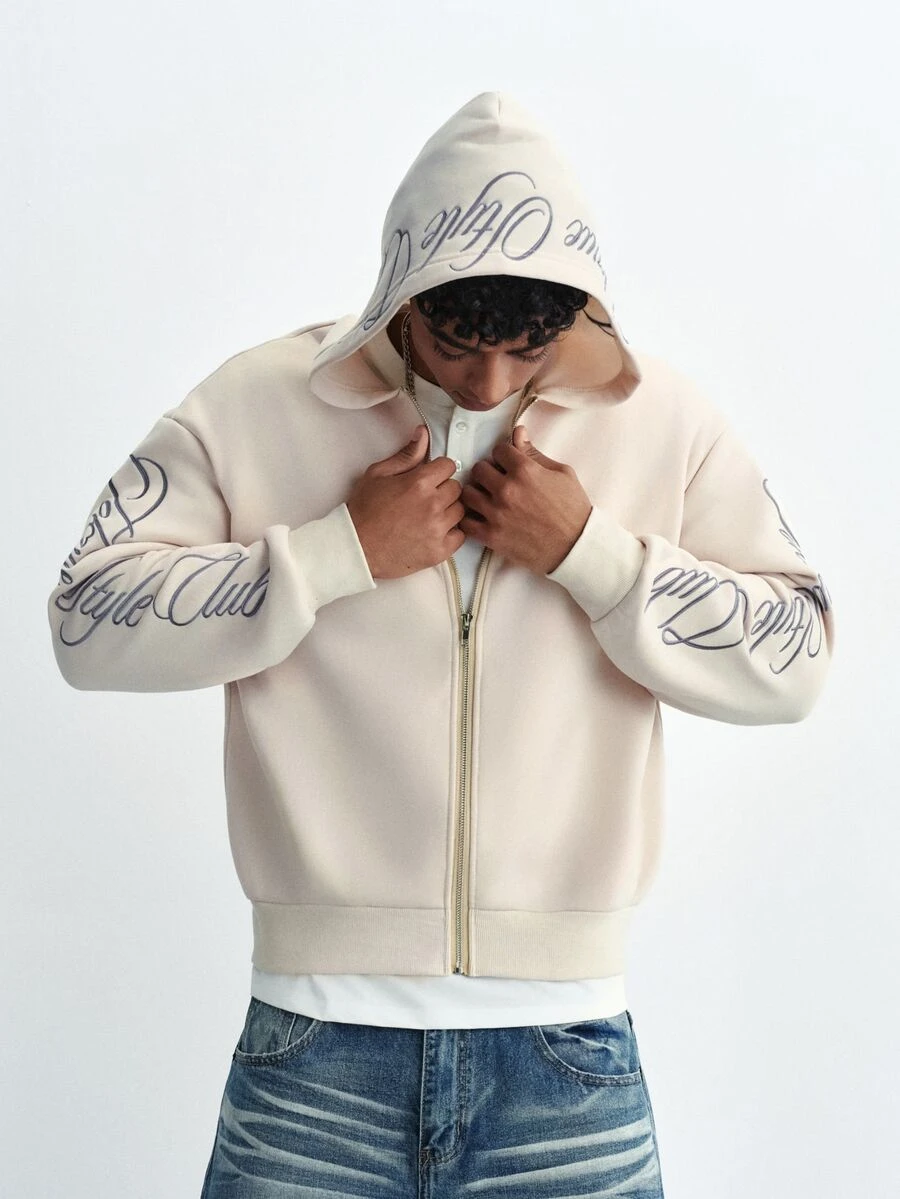 TOKVUE Men's Letter Print Zip-Up Casual Hoodie - Beige - View 1