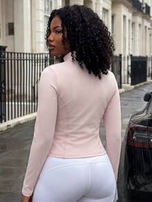 Rovax Front Zipper Fitted Cropped Sports T-Shirt - Baby Pink - View 2