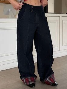 DAZY Women's Casual Plaid Patchwork Wide Leg Denim Jeans Fall - Dark Wash - View 7