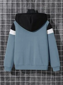 SHEIN 兒童青少年男孩休閒字母圖案連帽衛衣外套，舒適藍白配色，適合冬季、秋季、上學、開學季、街頭風 - 霧霾藍 - 查看 2