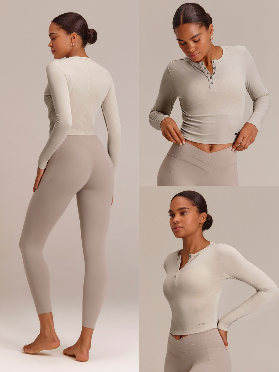Soft Knit Golden Hour Waist-Length Henley Top With Shell Buttons, Thumbholes & Back Seam Detail Yoga Studio Daily Summer Wear
