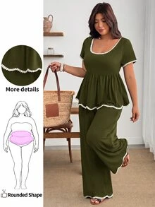 Enliva 大尺碼女款兩件套波浪心形短袖拼色收腰A字下擺休閒通勤套裝，春夏款，適合日常休閒與通勤穿著 - 軍綠色 - 查看 1