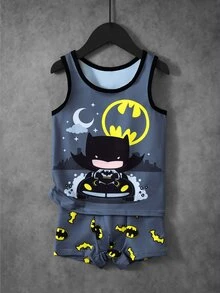 BATMAN X SHEIN Young Boy Cartoon Print Tank Top And Hipster Underwear Set - Dark Grey - View 1