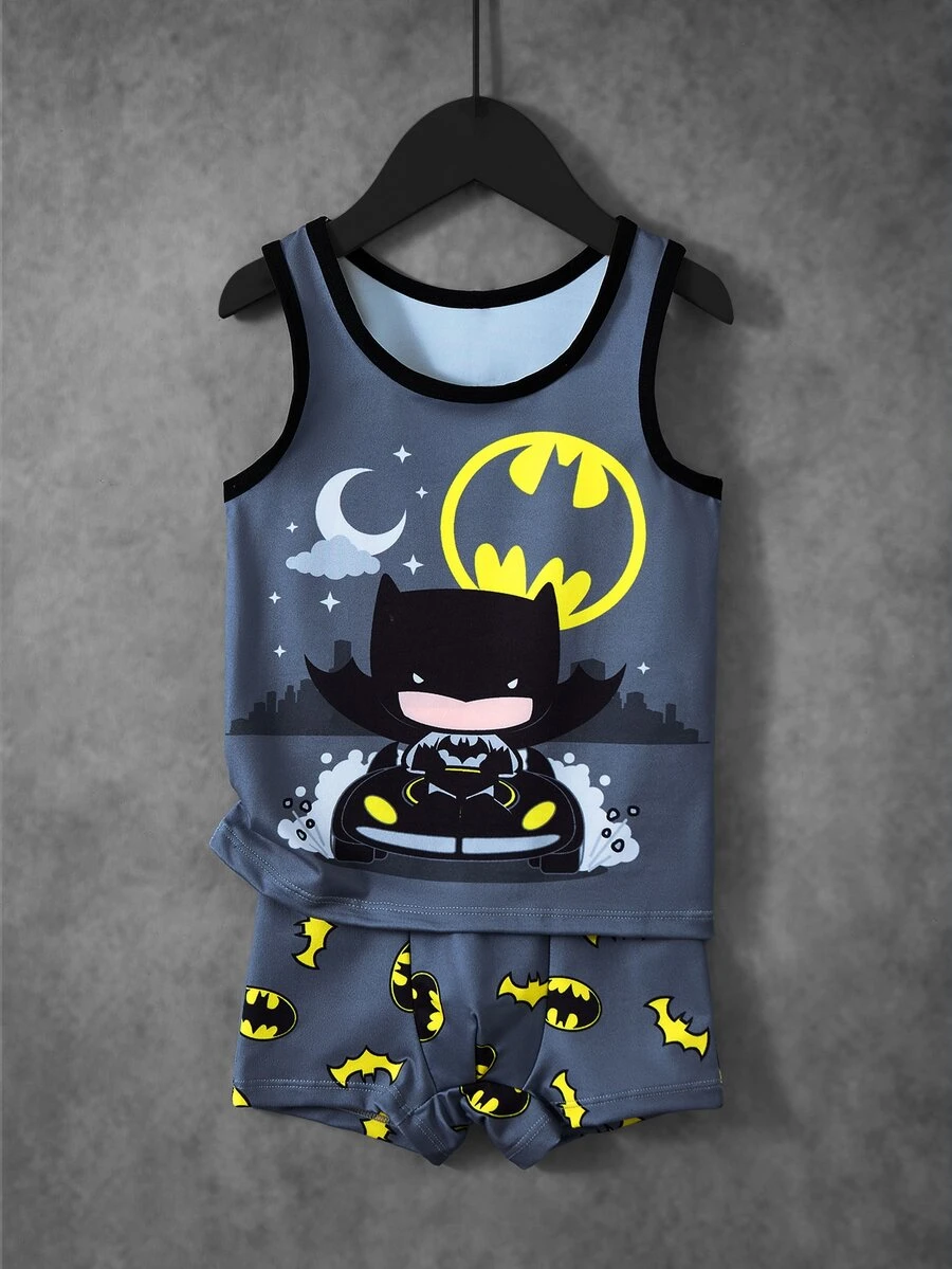 BATMAN X SHEIN Young Boy Cartoon Print Tank Top And Hipster Underwear Set - Dark Grey - View 1