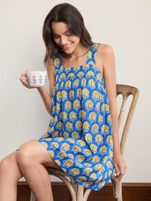 Doze Lane Blue Floral Floral Print Square Neck Cami Slip Dress, Comfortable Loose Sleeveless Loungewear Sleep Home Nightgown Summer Cute Casual - Navy Blue - View 4