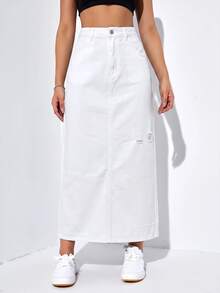 SHEIN EZwear 女款休閒長款牛仔裙，附口袋與破洞設計 - 白色 - 查看 1