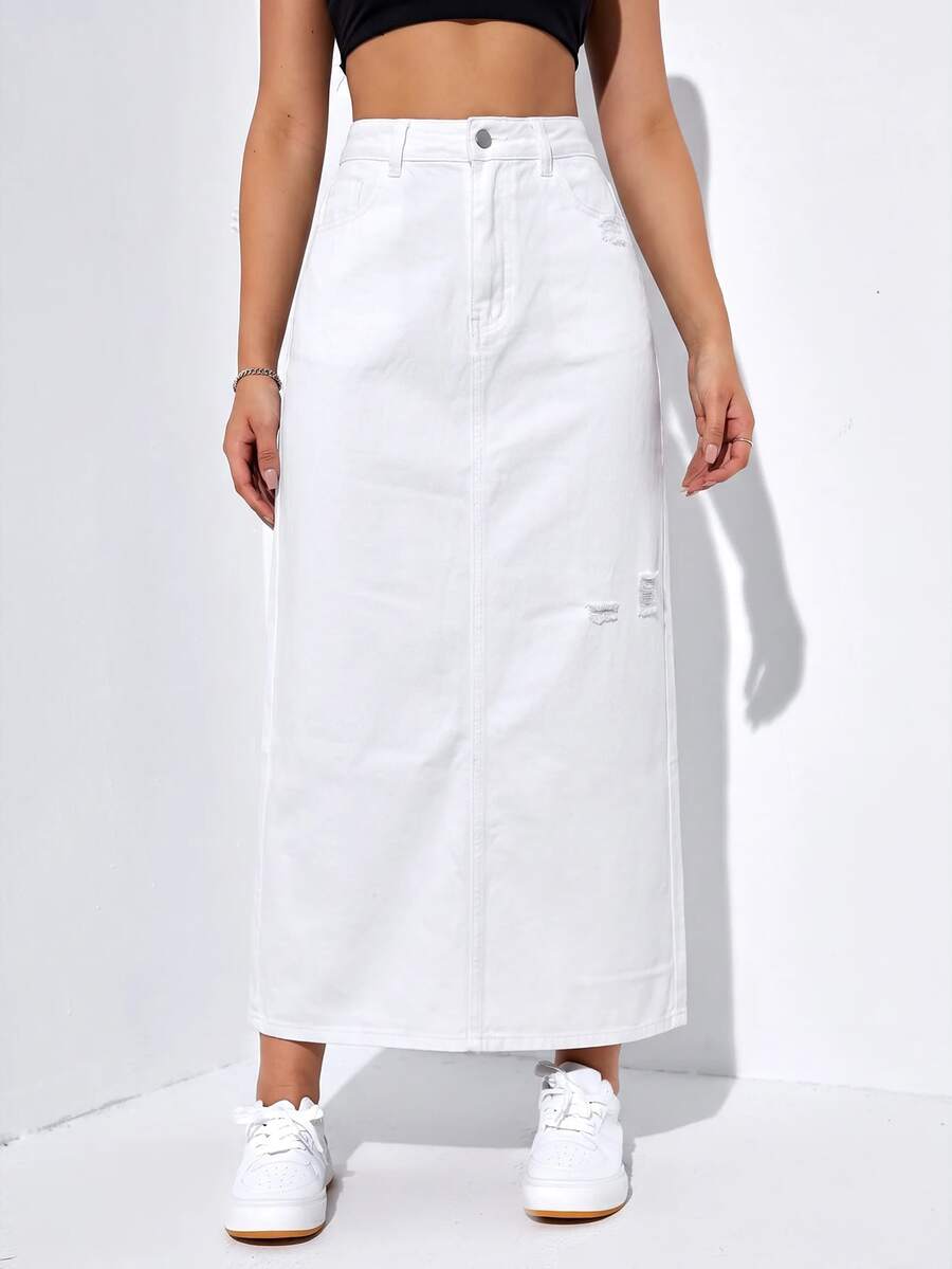 SHEIN EZwear 女款休閒長款牛仔裙,附口袋與破洞設計 - 白色 - 查看 1