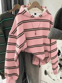 SHEIN EZwear 韓式Y2K休閒時尚百搭粉色與白色條紋圖案運動衫，適合外穿、攝影、露營、日常上學，秋季適用 - 彩色 - 查看 1